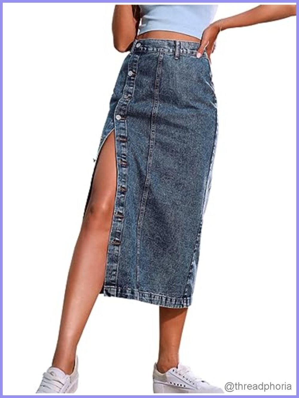 Women's Casual Slit Denim Midi Jean Skirt Stretch Frayed with Pockets